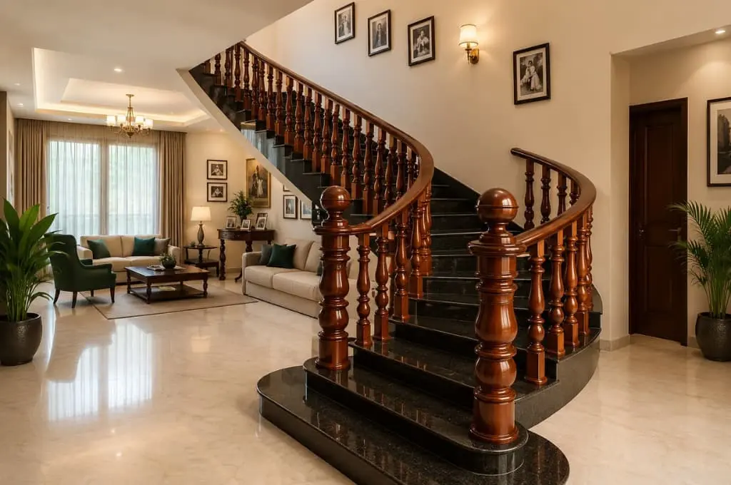 wooden staircase with metal railing