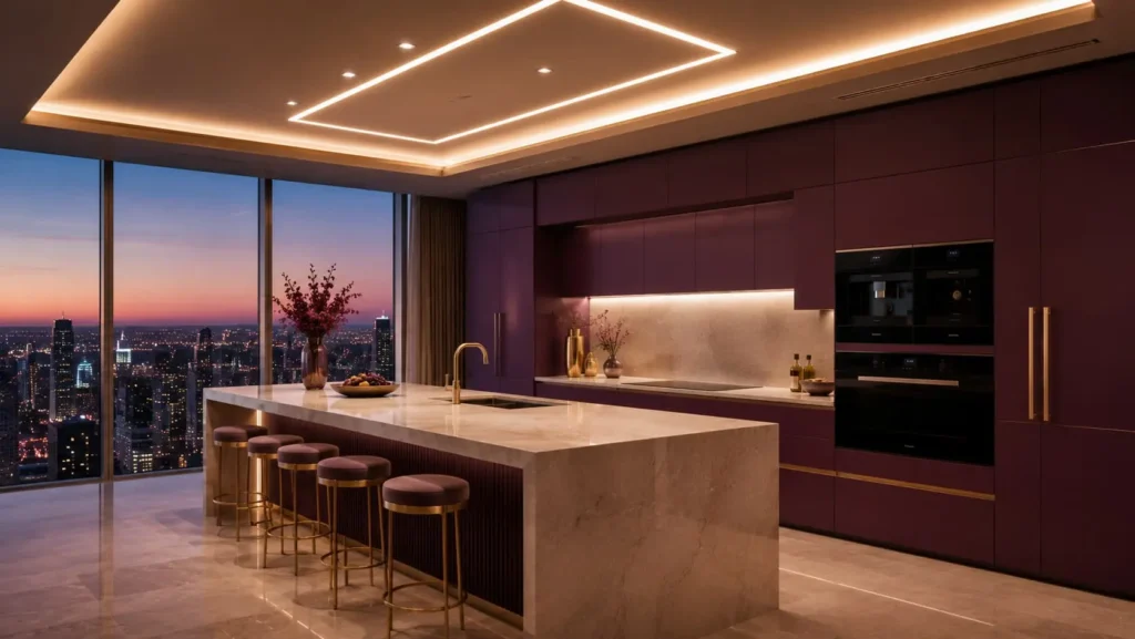 Luxury kitchen with bold plum purple cabinets, marble island, gold fixtures, and city skyline view