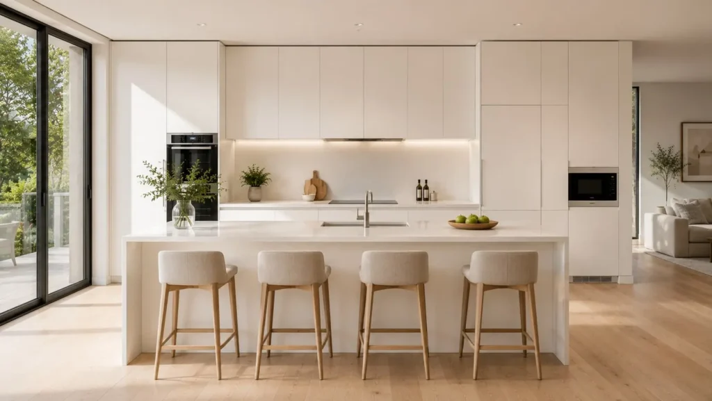 Contemporary minimalist kitchen with white handleless cabinets, waterfall island, and natural wood flooring