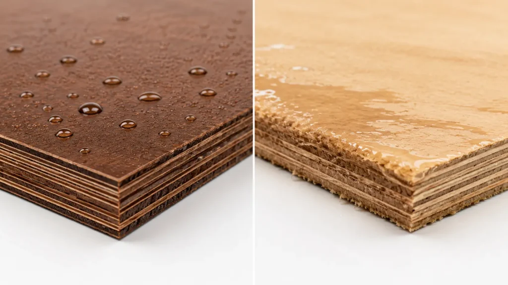 Water resistance comparison between marine plywood and commercial plywood.