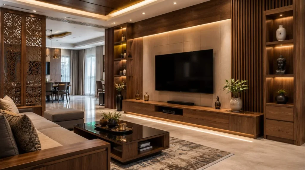 Archidply decorative plywood used in elegant living room TV units and premium wooden wall panels.