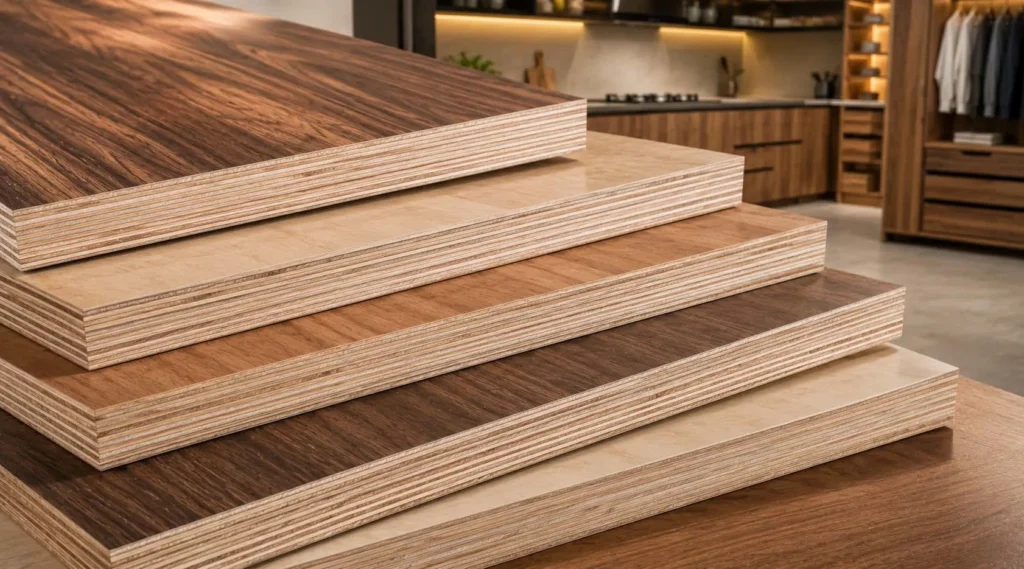 Stack of premium plywood sheets used for modular kitchens, wardrobes, and furniture in modern home interiors.