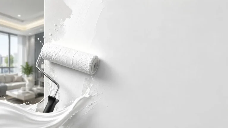 Paint roller applying white paint on an interior wall in a modern home