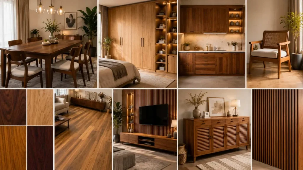 Solid wood furniture applications including wardrobes, dining tables, TV units, flooring, cabinets, and wooden wall panels.