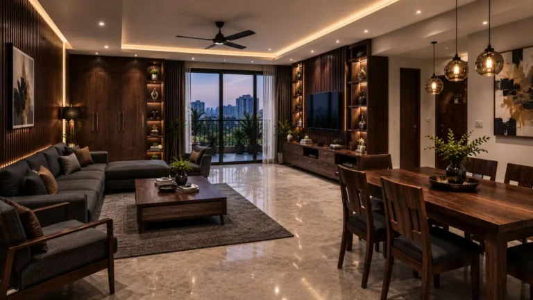Premium solid wood furniture in a modern Bangalore home with walnut dining table, TV unit, sofa, and luxury interior design.