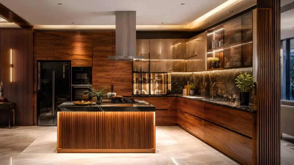 CenturyPly waterproof plywood used in a modern modular kitchen for long-lasting cabinets and furniture.