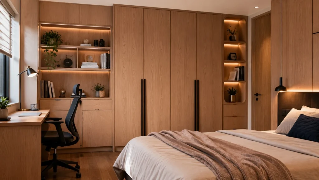 Interior design planning with plywood samples, material swatches, and furniture layout drawings.