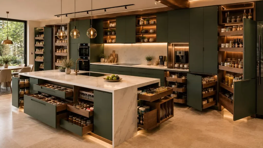 Luxury modular kitchen with custom storage drawers, pull-out pantry, spice organizers, and island storage