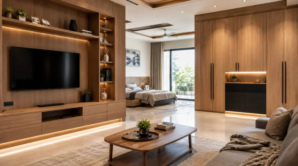 Greenply plywood used for wardrobes, TV units, and modular furniture in modern residential interiors.