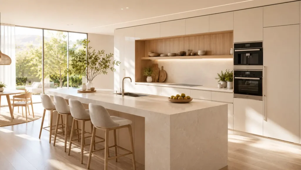 Contemporary kitchen with seamless handleless cabinets, waterfall island, quartz countertops, and integrated appliances