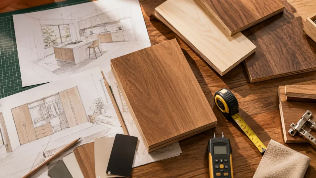 Interior design planning with plywood samples, material swatches, and furniture layout drawings.
