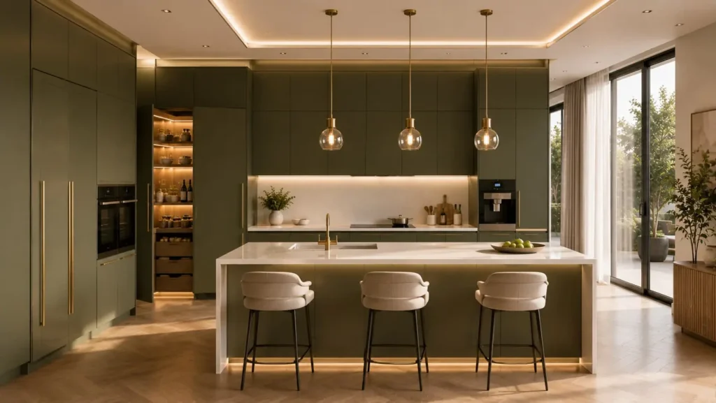 Modern kitchen interior with integrated appliances, olive green cabinets, quartz island, and pendant lighting