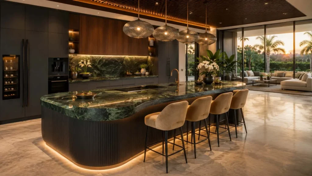 Luxury island kitchen with green marble countertop, premium lighting, and open living space
