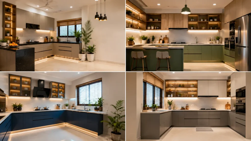 Modern kitchen interior design in Bangalore featuring four modular kitchen styles with premium cabinetry, LED lighting, and smart storage solutions.