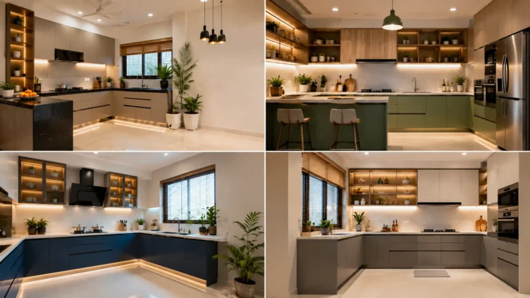 Modern kitchen interior design in Bangalore featuring four modular kitchen styles with premium cabinetry, LED lighting, and smart storage solutions.