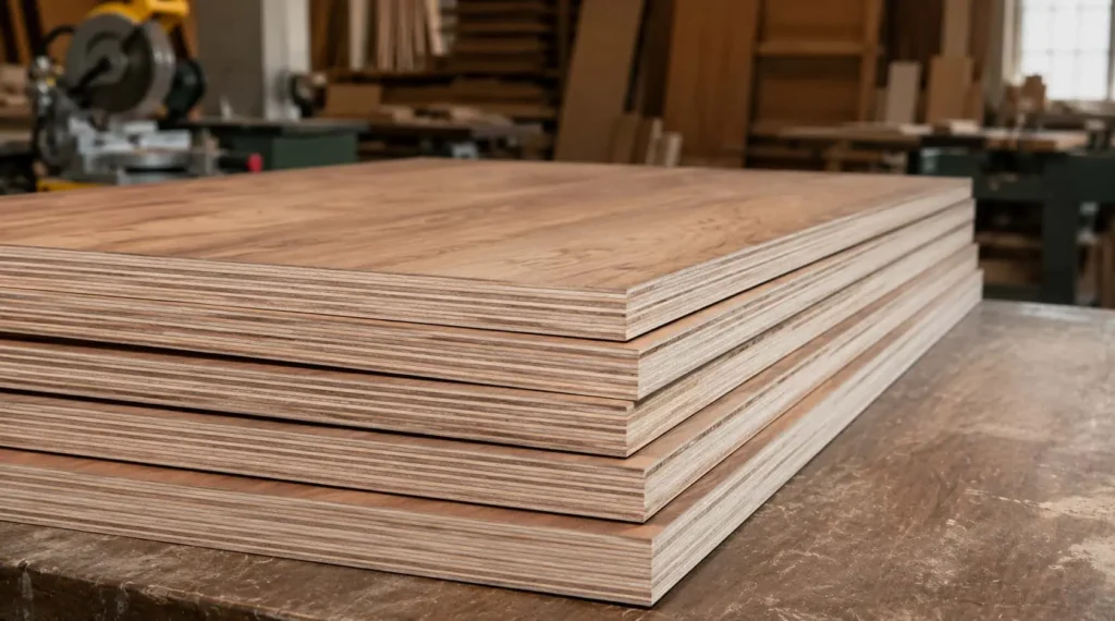 Kitply plywood sheets stacked in a workshop for furniture manufacturing and interior woodworking projects.