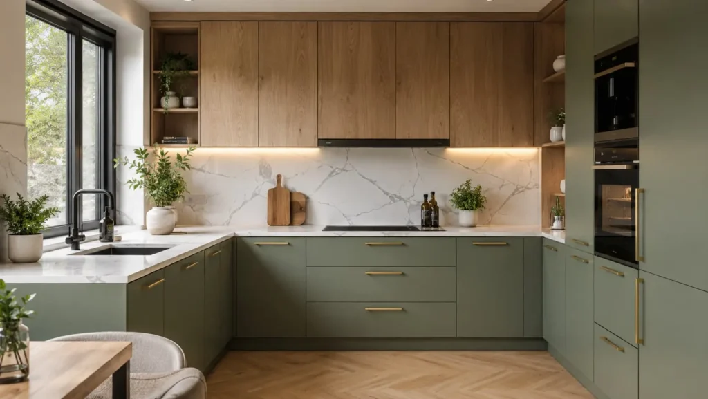 Contemporary L-shaped modular kitchen with sage green cabinets, wooden upper cabinets, and marble backsplash