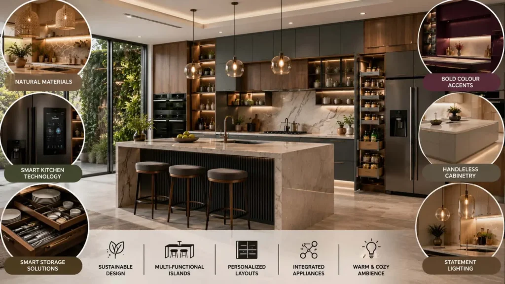 Luxury modern kitchen featuring the latest 2026 kitchen design trends including smart appliances, handleless cabinets, bold colors, natural materials, statement lighting, and smart storage solutions.