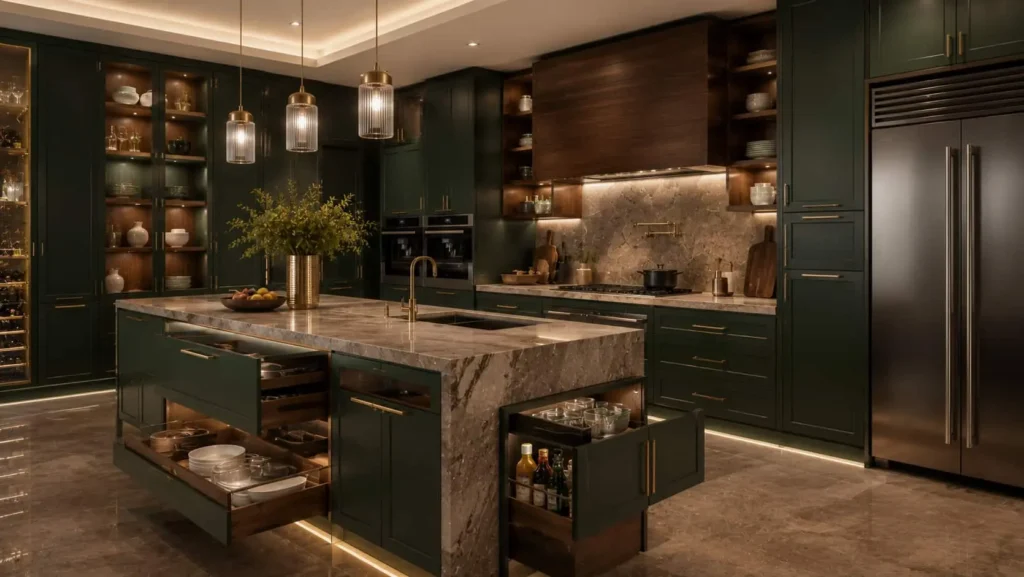 Luxury kitchen with emerald green cabinets, marble countertops, hidden storage, and designer lighting
