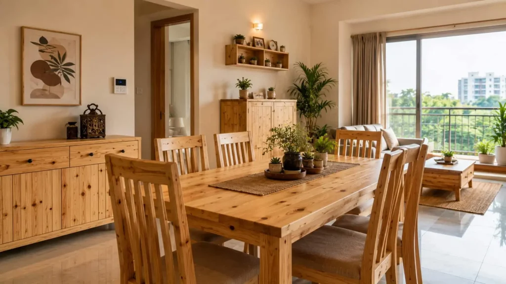 Affordable mango wood dining table, wooden chairs, storage cabinets, and modern home interior with natural wood finish.