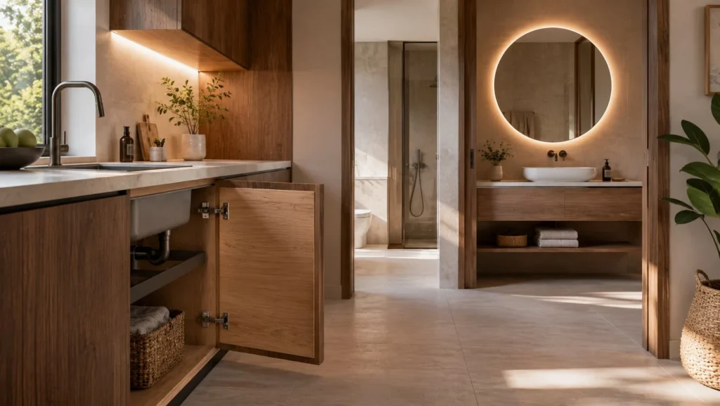 Marine plywood used in kitchen sink cabinets and bathroom vanity for moisture-resistant interiors.