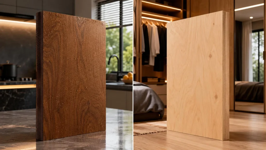 Marine plywood and commercial plywood comparison showing two plywood sheets for different interior applications.