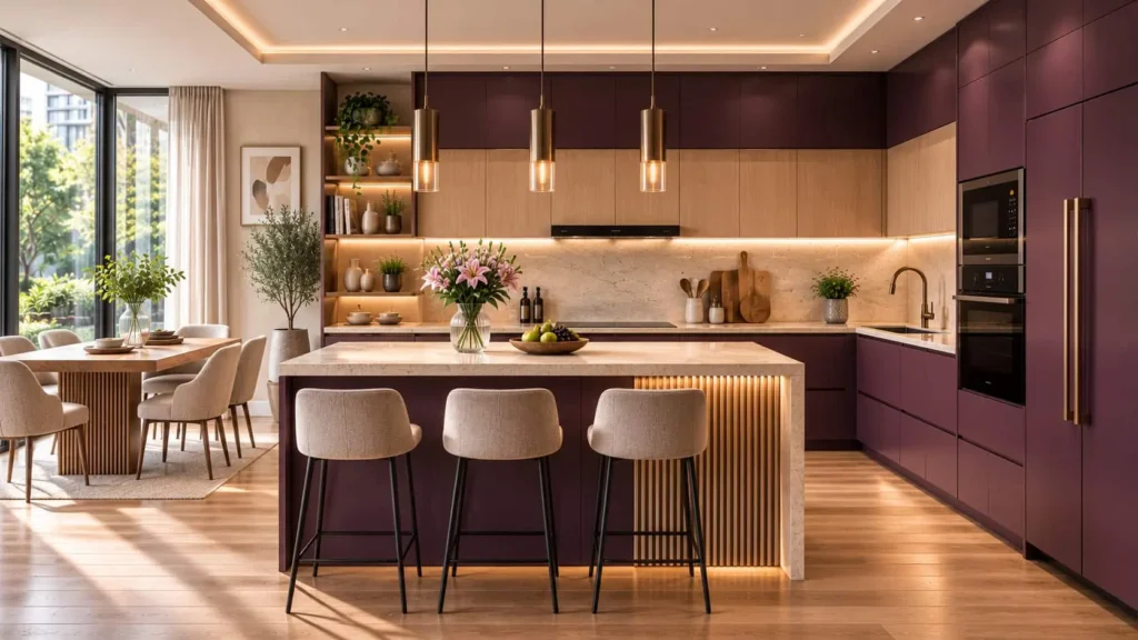 Modern kitchen with matte plum cabinets, wooden accents, island, and pendant lights