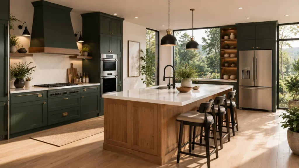 Modern kitchen with dark green cabinets, wooden island, white countertops, and black pendant lights