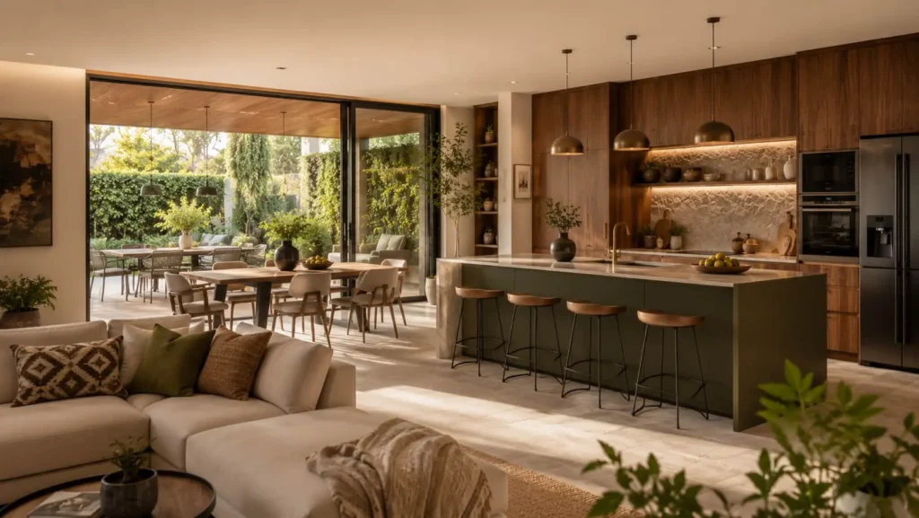 Open-concept kitchen with olive green island, walnut cabinetry, living room integration, and sliding glass doors
