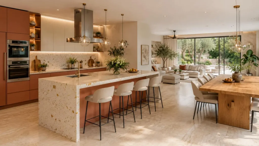 Modern open modular kitchen with large island, warm neutral colors, and open living area
