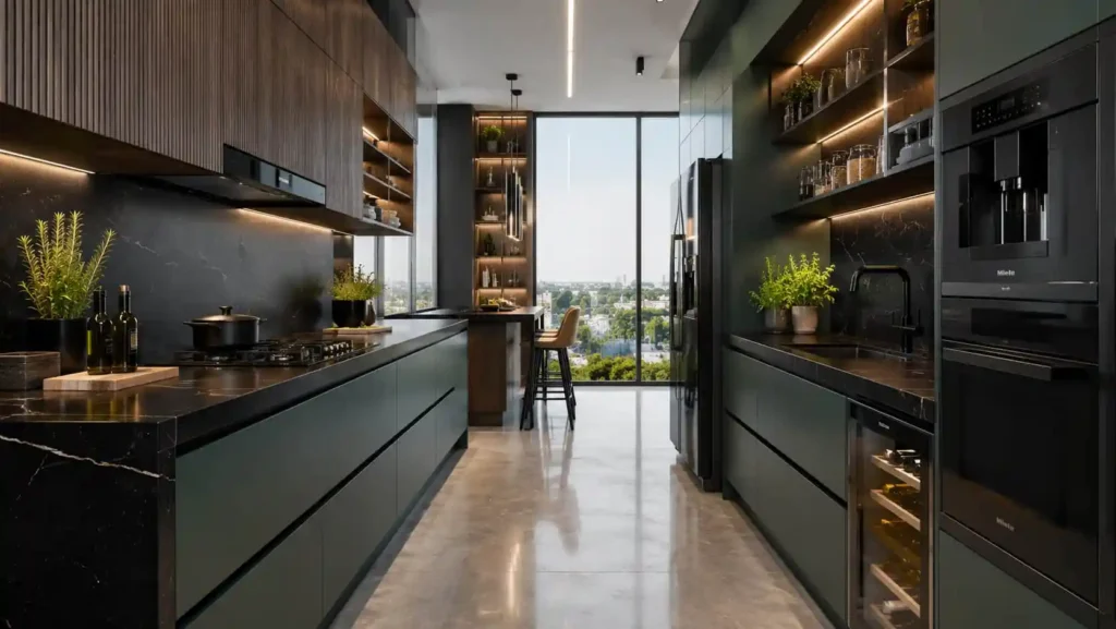 Modern parallel kitchen interior design with matte green cabinets, black quartz countertops, and built-in appliances