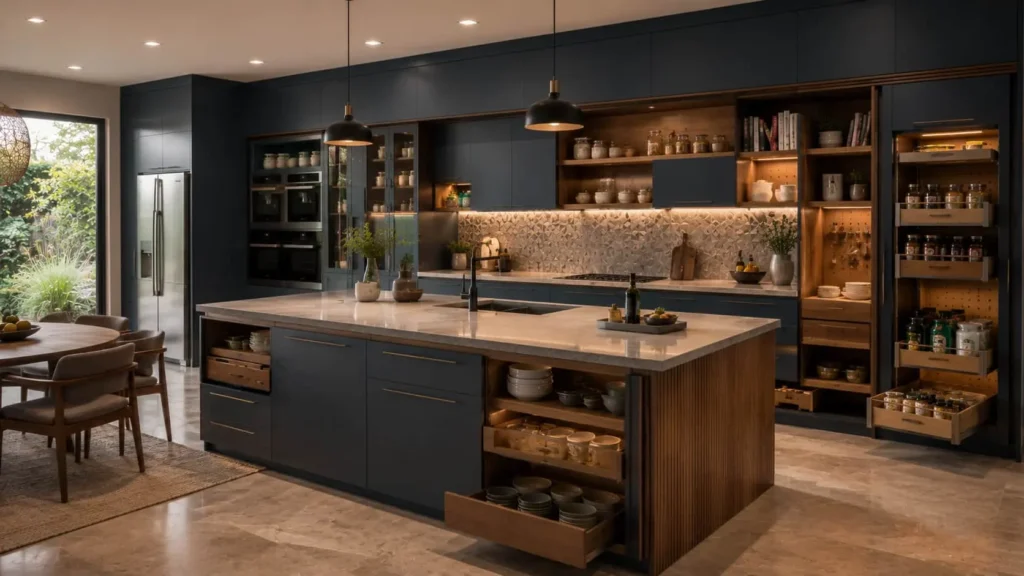 Custom modular kitchen with charcoal blue cabinets, walnut accents, smart storage, integrated workspace, and premium interior design