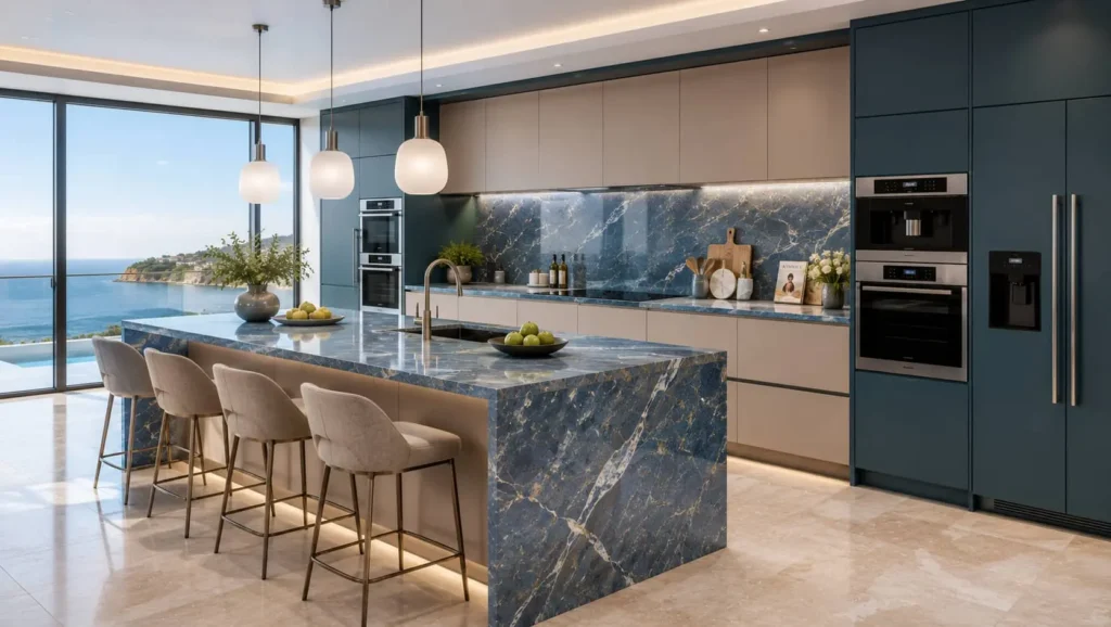 Luxury kitchen with blue quartz waterfall island, modern cabinetry, and panoramic ocean view