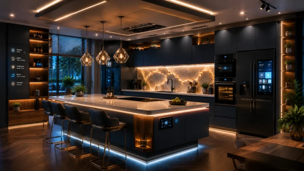 Luxury smart kitchen with LED lighting, illuminated marble backsplash, smart appliances, and island seating