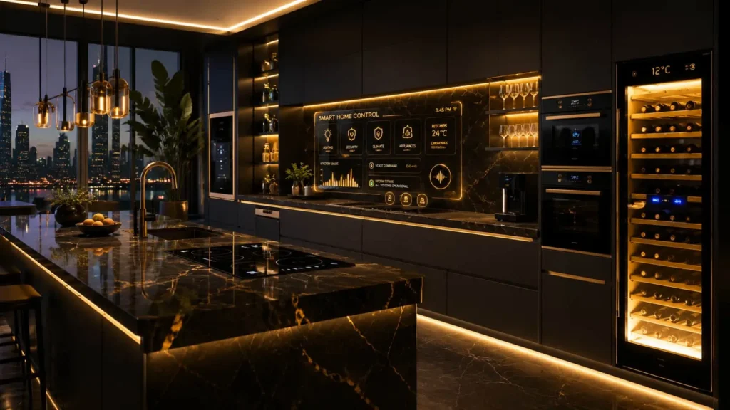 Futuristic smart kitchen with AI-powered appliances, touchscreen refrigerator, LED lighting, and modern luxury interior design