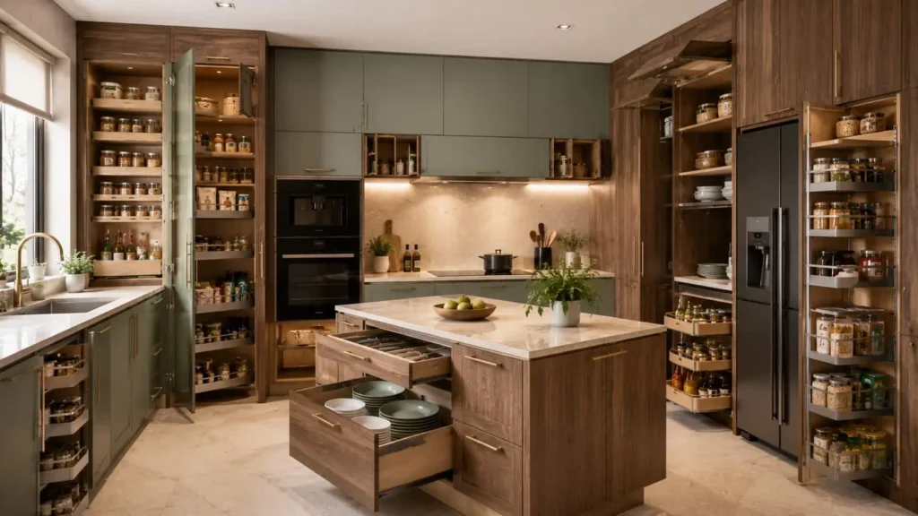 Modern kitchen with pull-out pantry, hidden storage drawers, rotating corner cabinets, and multifunctional island