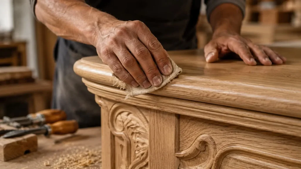 Carpenter polishing handcrafted solid wood furniture with visible natural grain and detailed wood carving.