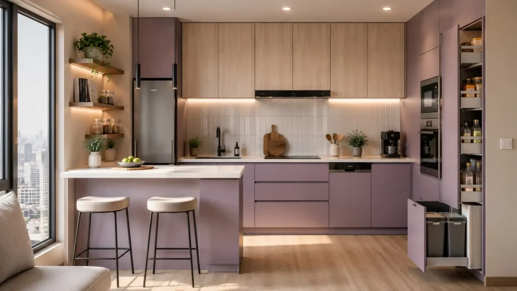 Compact modular kitchen with lavender cabinets, breakfast island, and pull-out storage unit