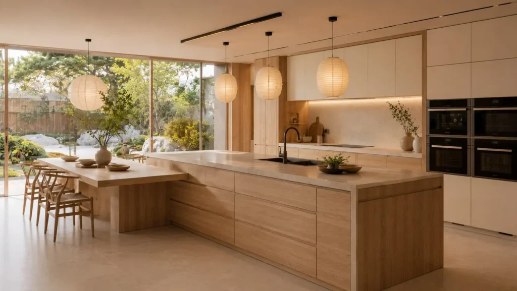 Japandi kitchen with statement wooden island, integrated dining table, beige stone countertop, and minimalist lighting