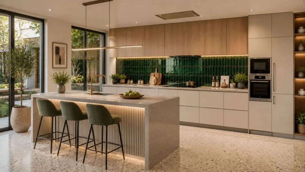 Luxury modular kitchen featuring green designer tile backsplash, white cabinets, and a spacious island