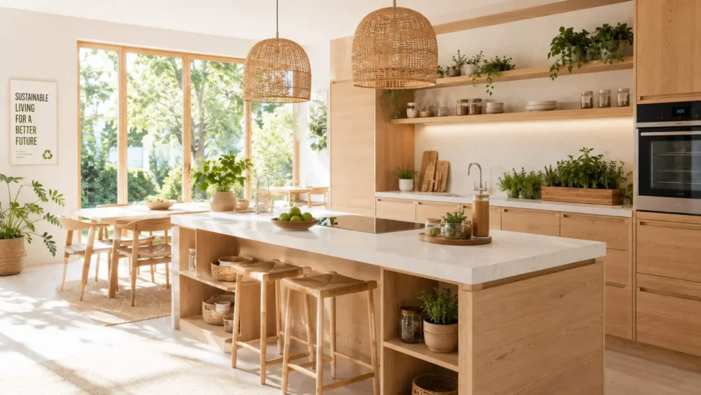 Eco-friendly Scandinavian kitchen with light oak cabinets, recycled quartz countertops, indoor herb garden, and bamboo accessories