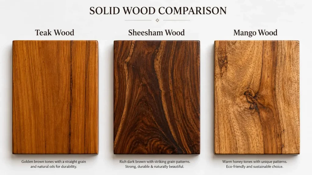 Comparison of teak wood, sheesham wood, and mango wood showing natural grain, color, and texture differences.