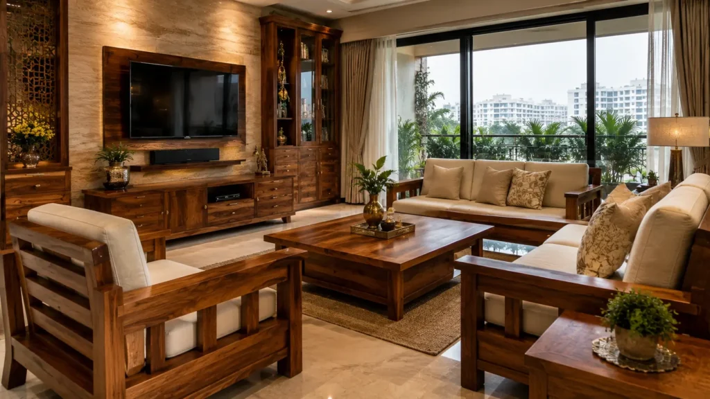 Premium teak wood furniture including TV unit, coffee table, sofa, and display cabinet in a modern living room.