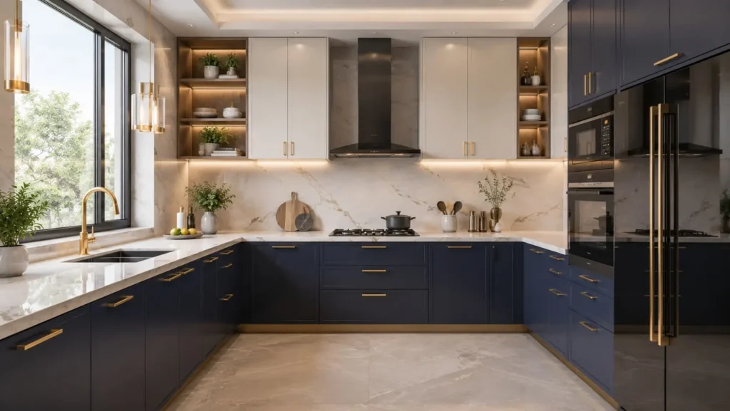 Elegant U-shaped modular kitchen with navy blue cabinets, marble backsplash, and gold handles