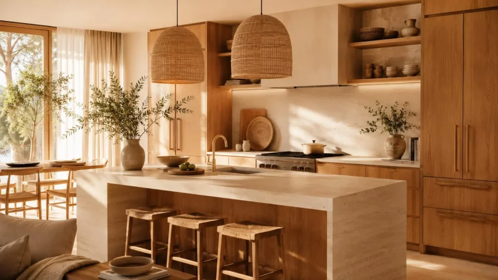 Modern kitchen with oak cabinets, limestone countertops, woven pendant lights, and warm natural materials