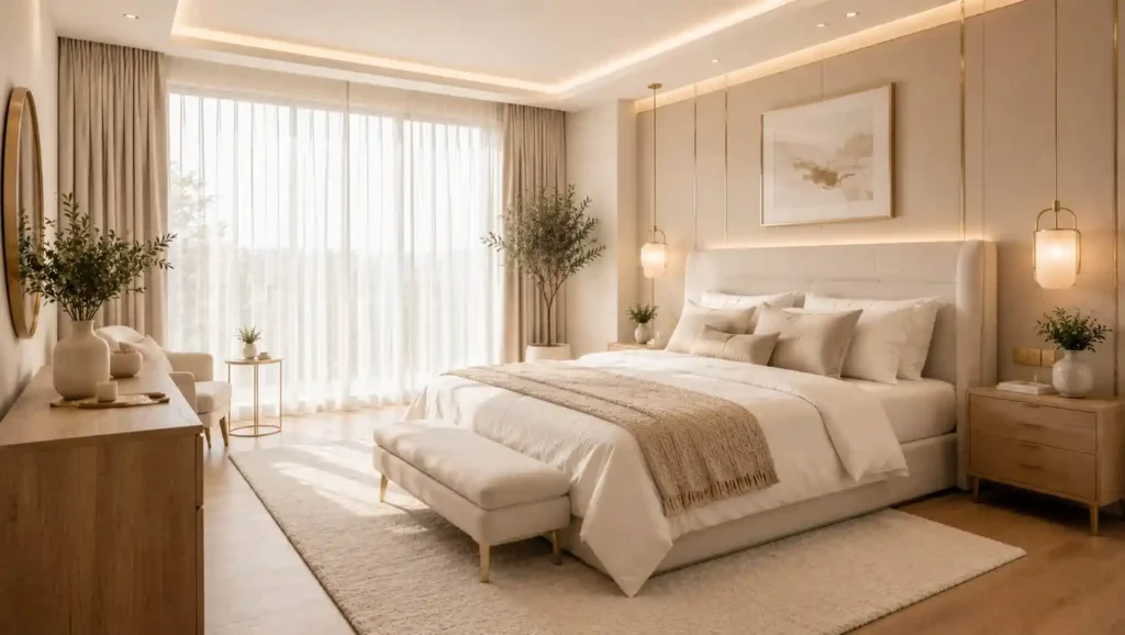 white and beige bedroom
