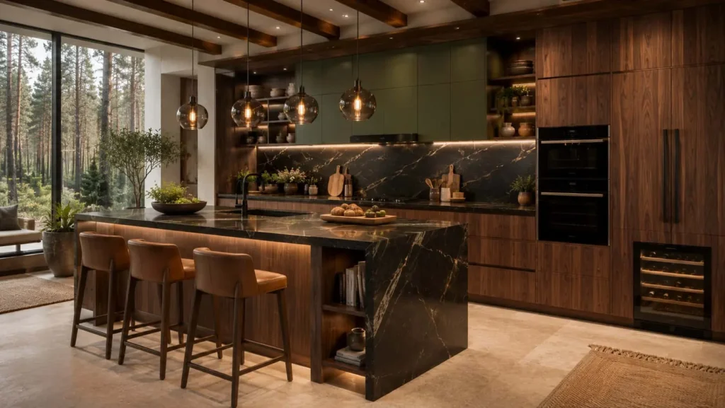 Luxury modular kitchen with walnut wood cabinets, dark marble countertops, and island seating