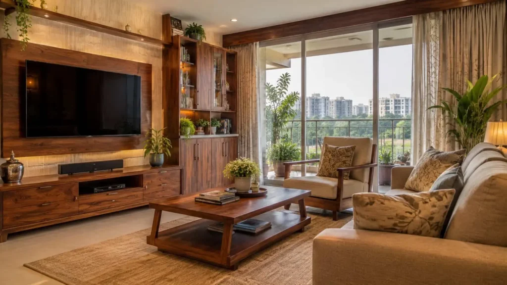 Dark walnut solid wood furniture in a Bangalore apartment with TV unit, dining table, wall panels, and luxury interior design.