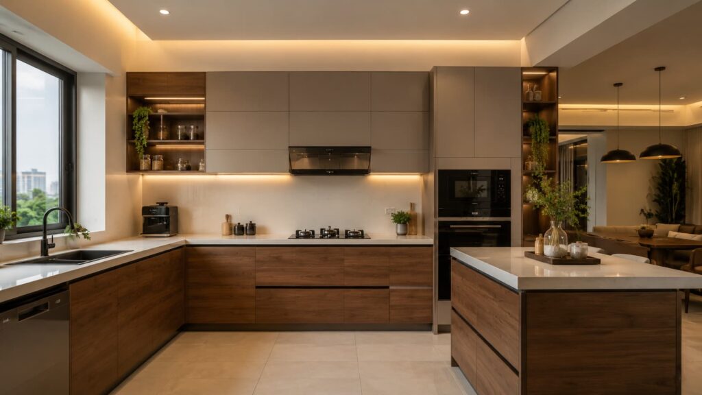 Modern modular kitchen with plywood cabinets