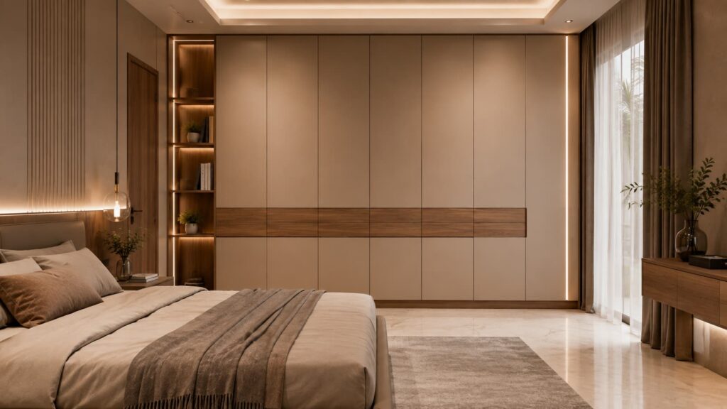 Modern bedroom wardrobe with matte and woodgrain Sunmica finish